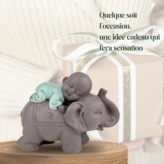 Zen'Light Statue Buddha Bonze Sleeping on Elephant - Atmosferă Zen în spațiul tău sacru - frumoasă figură de bun augur -H 9.5 cm, Brown & Green Statuete si sculpturi Naty Shop