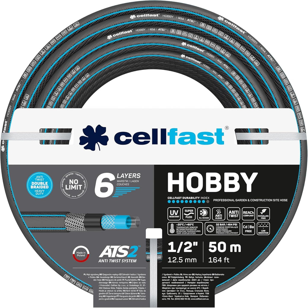 Furtun de grădină CELLFAST, furtun de apă cu 6 straturi, furtun de irigare din material textil cu împletitură dublă, rezistent la UV, anti-alge, furtun flexibil, 32 bar, 1 inch, 25 metri, Hobby