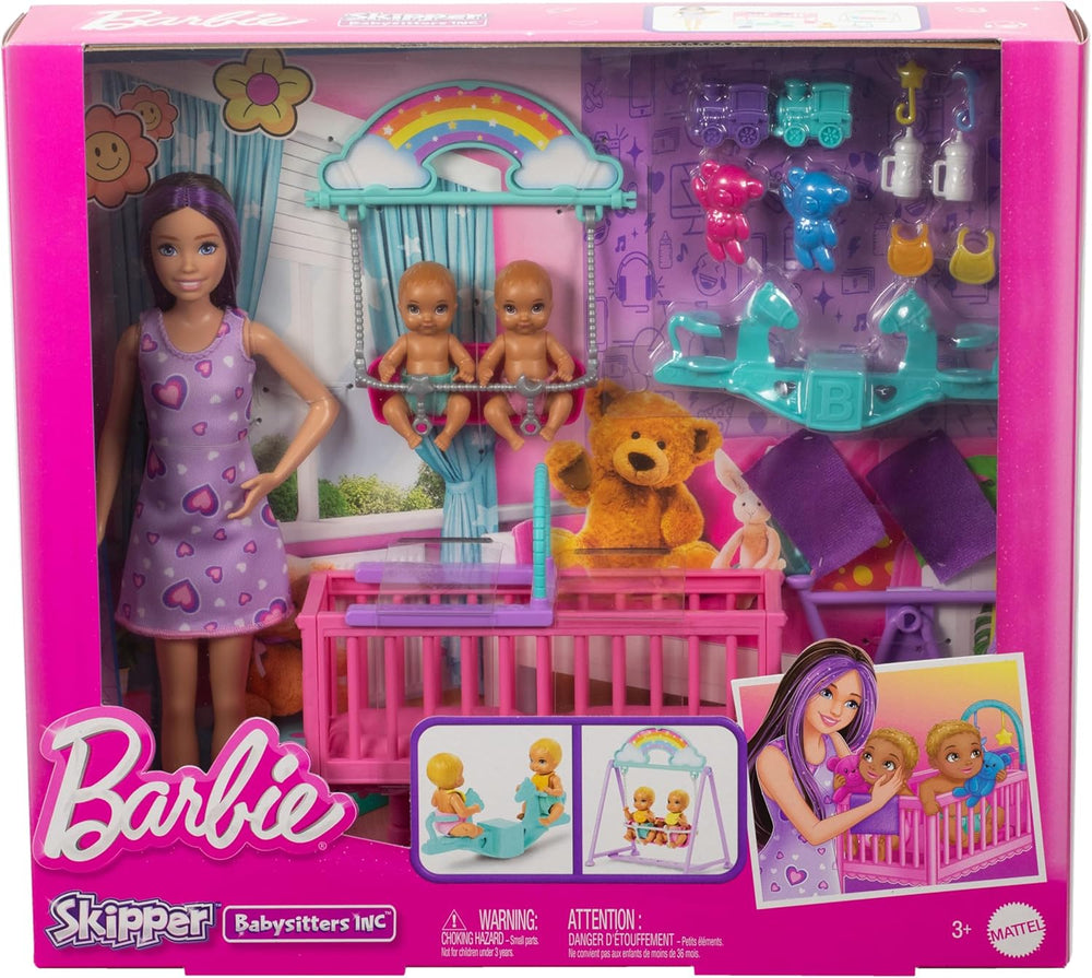 Păpușa și căsuța Barbie Skipper cu accesorii, include păpuși gemene, 1 pătuț, 1 leagăn, 1 balansoar și multe altele, HXM99