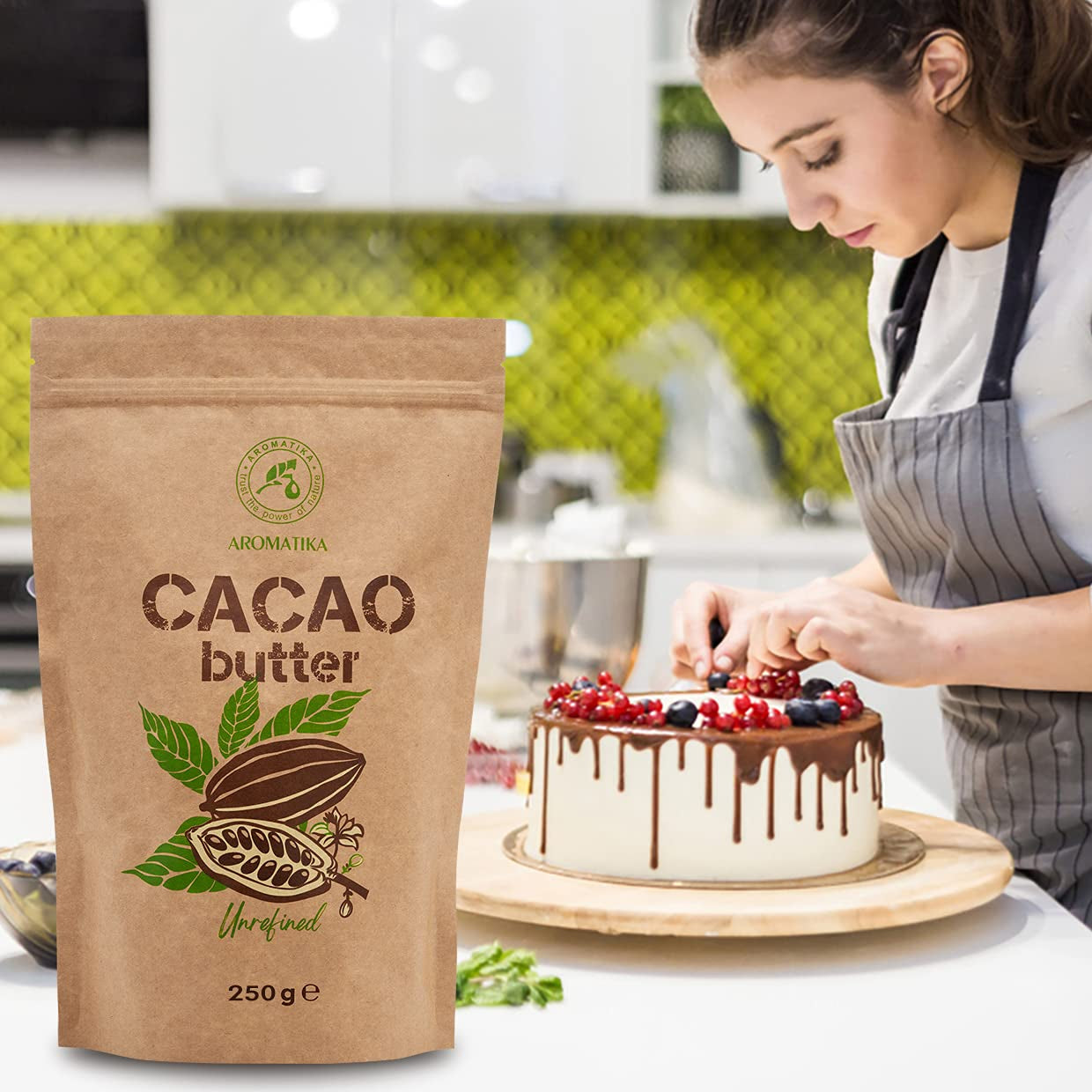 Kakaobutter - 250g - Theobroma Cacao - Surowe masło kakaowe - Masło Kakao w Stücken - Kaltgepresst - Unraffiniert - Rein und Naturlich - für Speisen und Hautpflege - Masło kakaowe