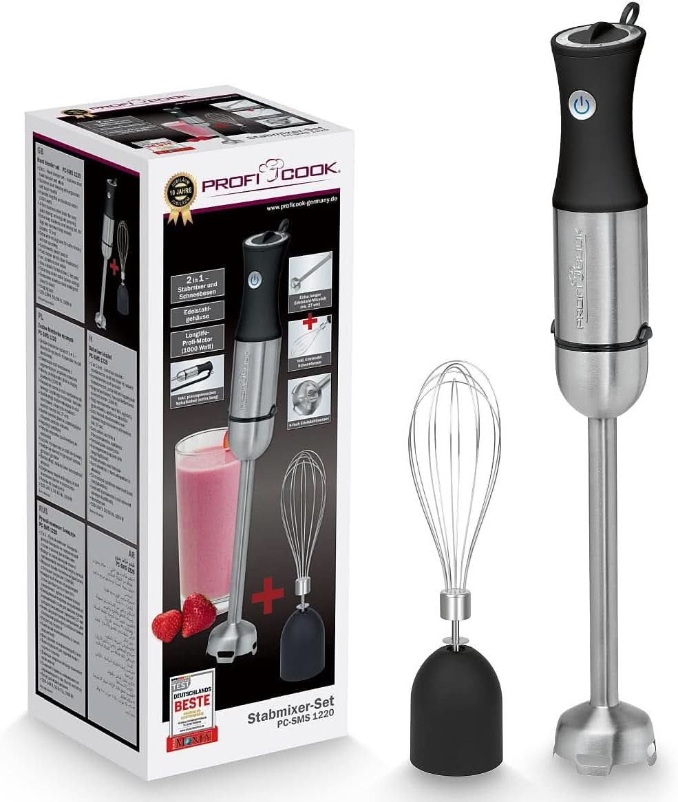 Proficook® 2In1 Mikser stojący i Schneebesen | Stabmixer 1000 Watt Für Mixen, Zerkleinern & Pürieren | Urządzenie do robienia smoothie M. Langem Mixstab | Pürierstab M. Edelstahlgehäuse & Soft Touch-Griff | PC-SMS 1220 Matka i dziecko Naty Shop Xxl-Stabmixer-Set Inkl. Schneebesen PC-Sms 1220