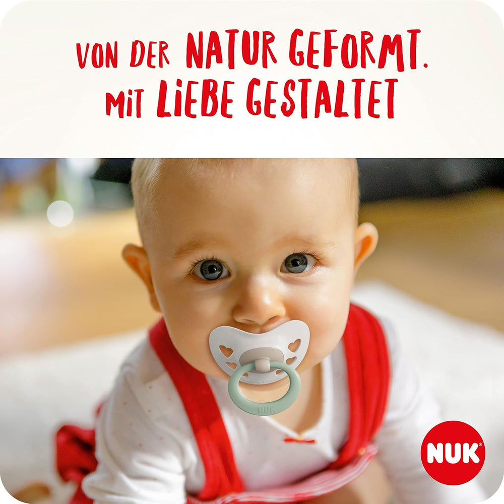 Suzete NUK Signature pentru bebeluși | 0-6 luni | Calmează 95% dintre bebeluși | Suzete din silicon în formă de inimă, fără BPA | Cu husă | Inimioare roz | Pachet de 2