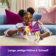 Frunză de Unicorn Unicorn Academy - 28 cm înălțime, unicorn original de Ava din serialul Netflix, cu coamă și coadă reale, frâu și șa detașabile și perie, pentru copii cu vârsta de 4 ani și peste