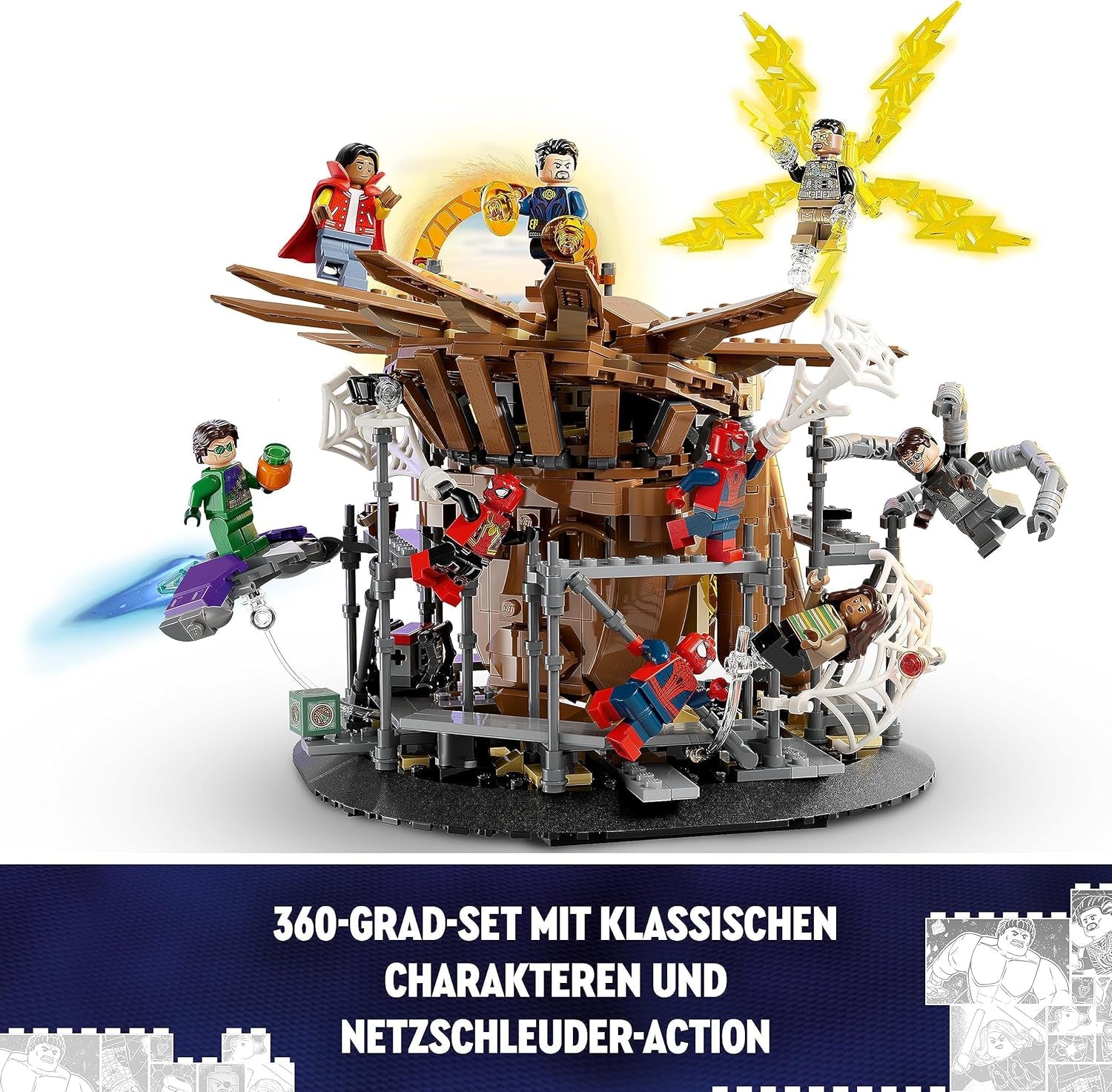 LEGO 76261 Marvel Spider-Man's Big Showdown, Spider-Man: No Way Home, zestaw z 3 minifigurkami Petera Parkera oraz Zielonym Goblinem, Electro, Sandmanem, Nedem, Doktorem Strange i MJ, model kolekcjonerski Zestawy do budowania Kup w sklepie LEGO