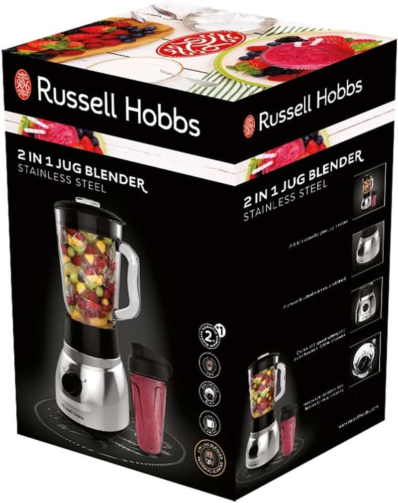 Mikser stojący Russell Hobbs 2 w 1 [mikser do glazury o pojemności 1,5 l i mini-automat do smoothie o pojemności 0,6 l -Trinkflasche na wynos Inkl. Deckel] Spülmaschinenfest, Impuls-/Ice-Crush Funktion, Becher BPA Frei, Edelstahl 23821-56 Kitchen Naty Shop