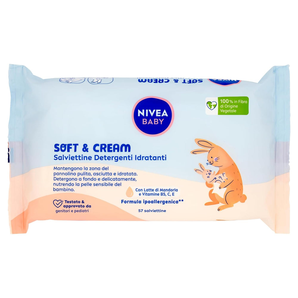 NIVEA Baby Nawilżające chusteczki oczyszczające Soft & Cream, 57 sztuk, do czystej, suchej i nawilżonej skóry, chusteczki dla niemowląt z mlekiem migdałowym i witaminami B5, C i E
