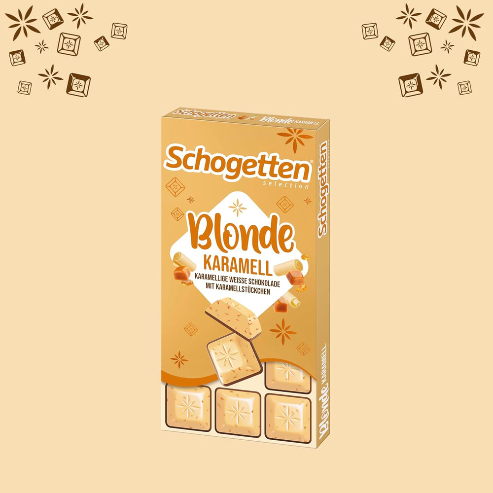 Schogetten Blond Karmel | Karmel z białą czekoladą i kawałkami karmelu | Tabliczka czekolady 100g | Wygodnie porcjowane