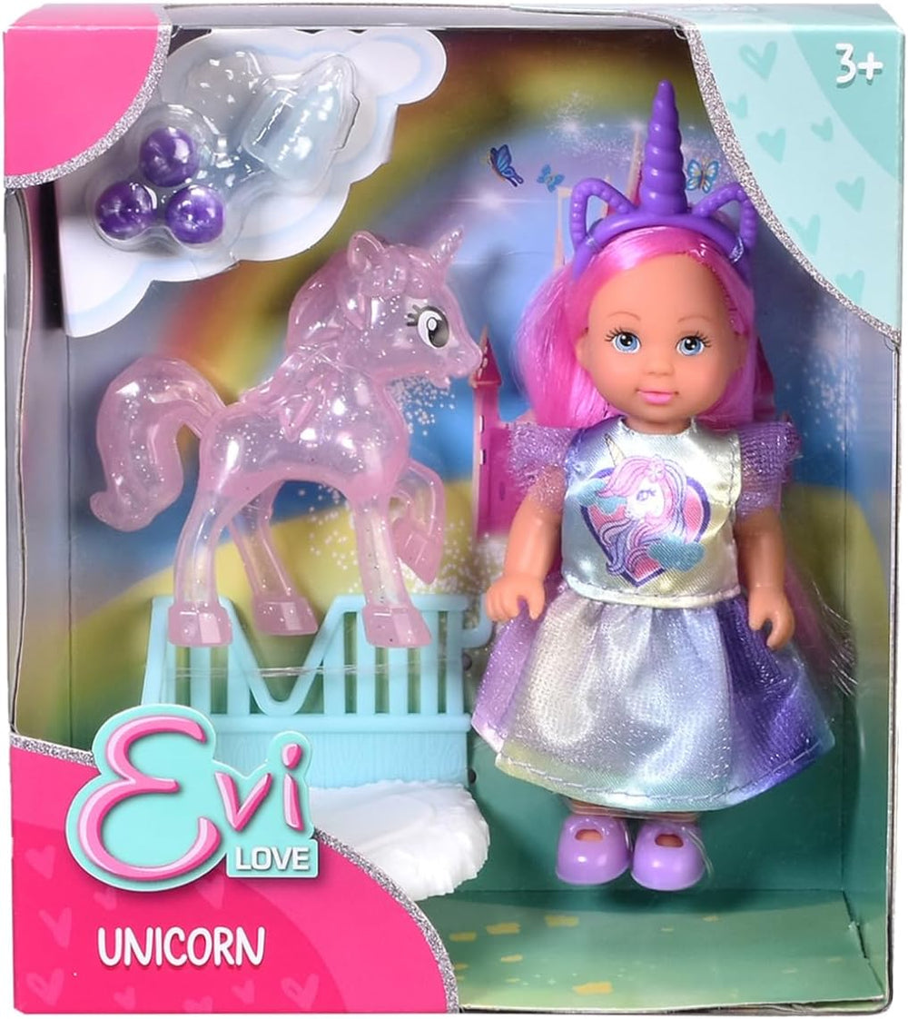 Simba Evi Love Unicorn, o păpușă de joacă care poartă o rochie drăguță de unicorn cu o bentiță asortată, inclusiv un unicorn cu grajd, mere și o sticlă de băut, 12 cm, vârste 3+