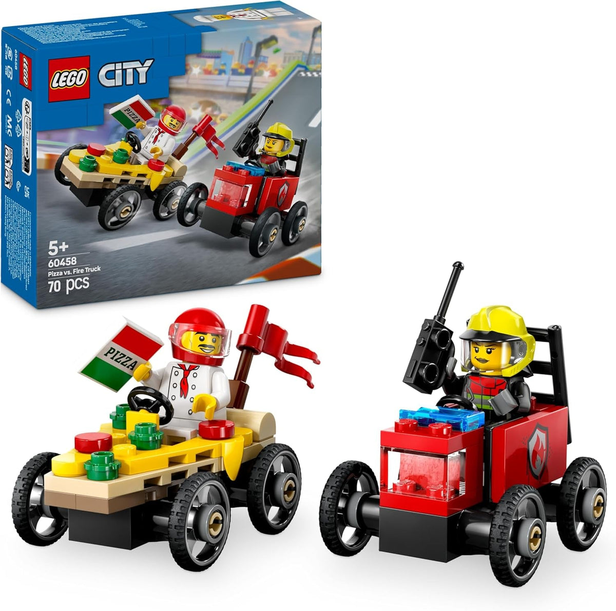 LEGO City Pizzalieferwagen vs. Löschauto - Seifenkisten Spielzeug für Mädchen und Jungen ab 5 Jahren - Bauset mit 2 Fahrer Minifiguren - Geschenk zum Geburtstag & für die Feiertage 60458