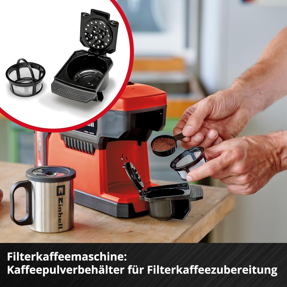 Espressor fără fir Einhell TE-CF 18 Li-Solo Power X-Change (18 V, rezervor de apă de 240 ml, pentru cafea filtrată și capsule de cafea, mâner de transport, incl. cană de cafea cu capac, fără baterie)
