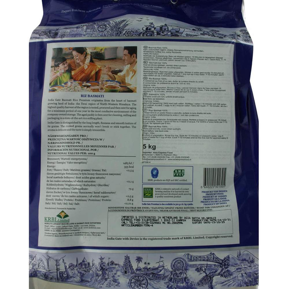 INDIA GATE Premium Basmati Rice – Długoziarnisty drobnoziarnisty, aromatyczny ryż z Indii, drobnoziarnisty długoziarnisty (1 x 5 kg)