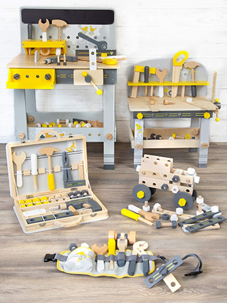 Small Foot Konstruktionsset Miniwob aus Holz, kreativer Bausatz mit Werkzeuge und Zubehör, ab 3 Jahren, 11810, szary żółty