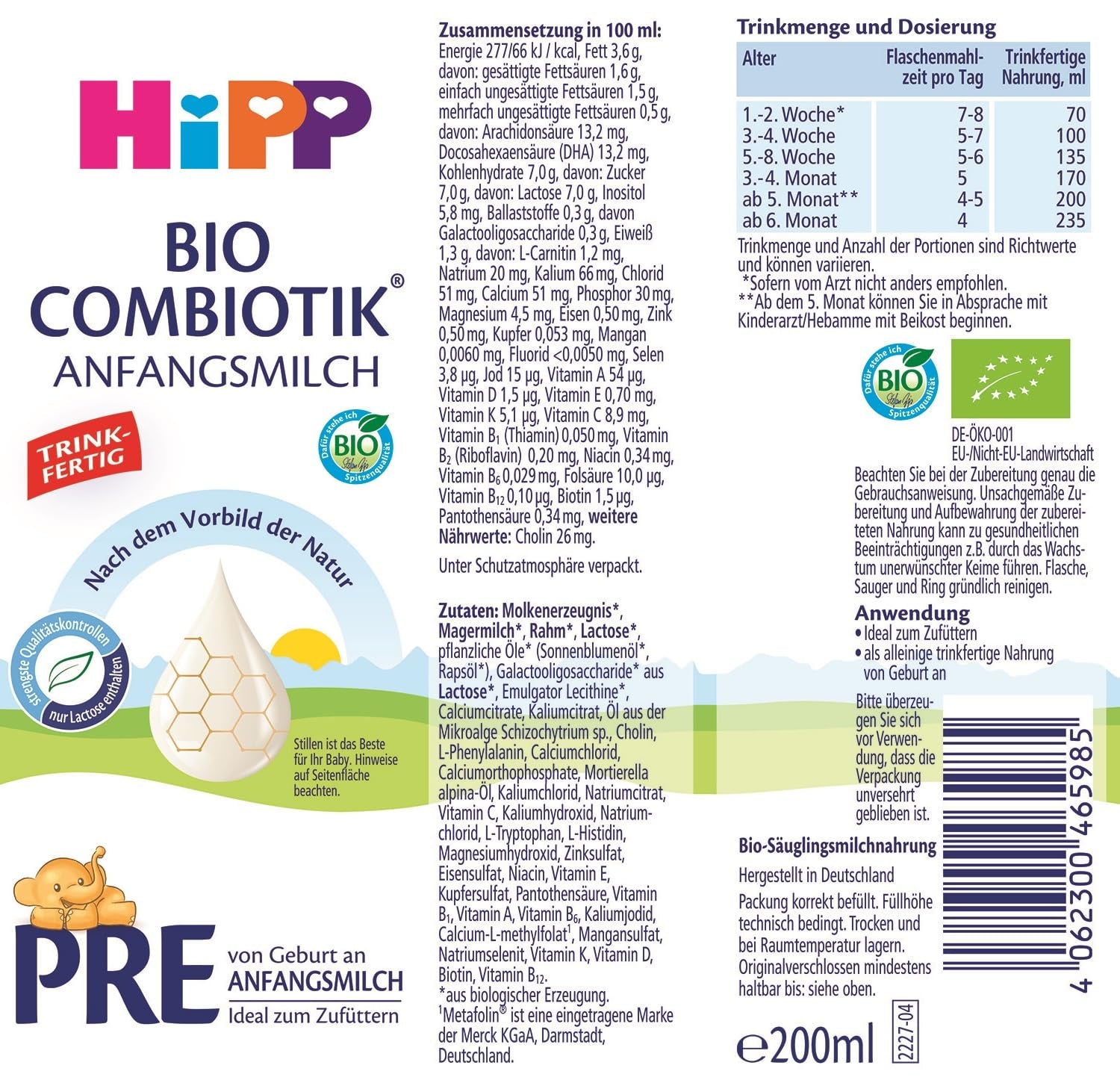 HiPP PRE Organiczna formuła kombiotyczna gotowa do spożycia (6 x 200 ml) Mleko dla niemowląt od urodzenia Zawiera wyłącznie laktozę jako węglowodany Best Organic
