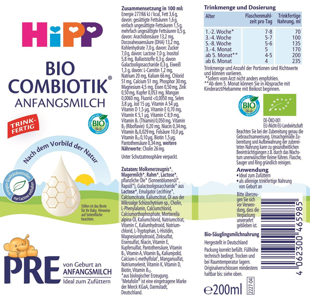 HiPP PRE Organiczna formuła kombiotyczna gotowa do spożycia (6 x 200 ml) Mleko dla niemowląt od urodzenia Zawiera wyłącznie laktozę jako węglowodany Best Organic