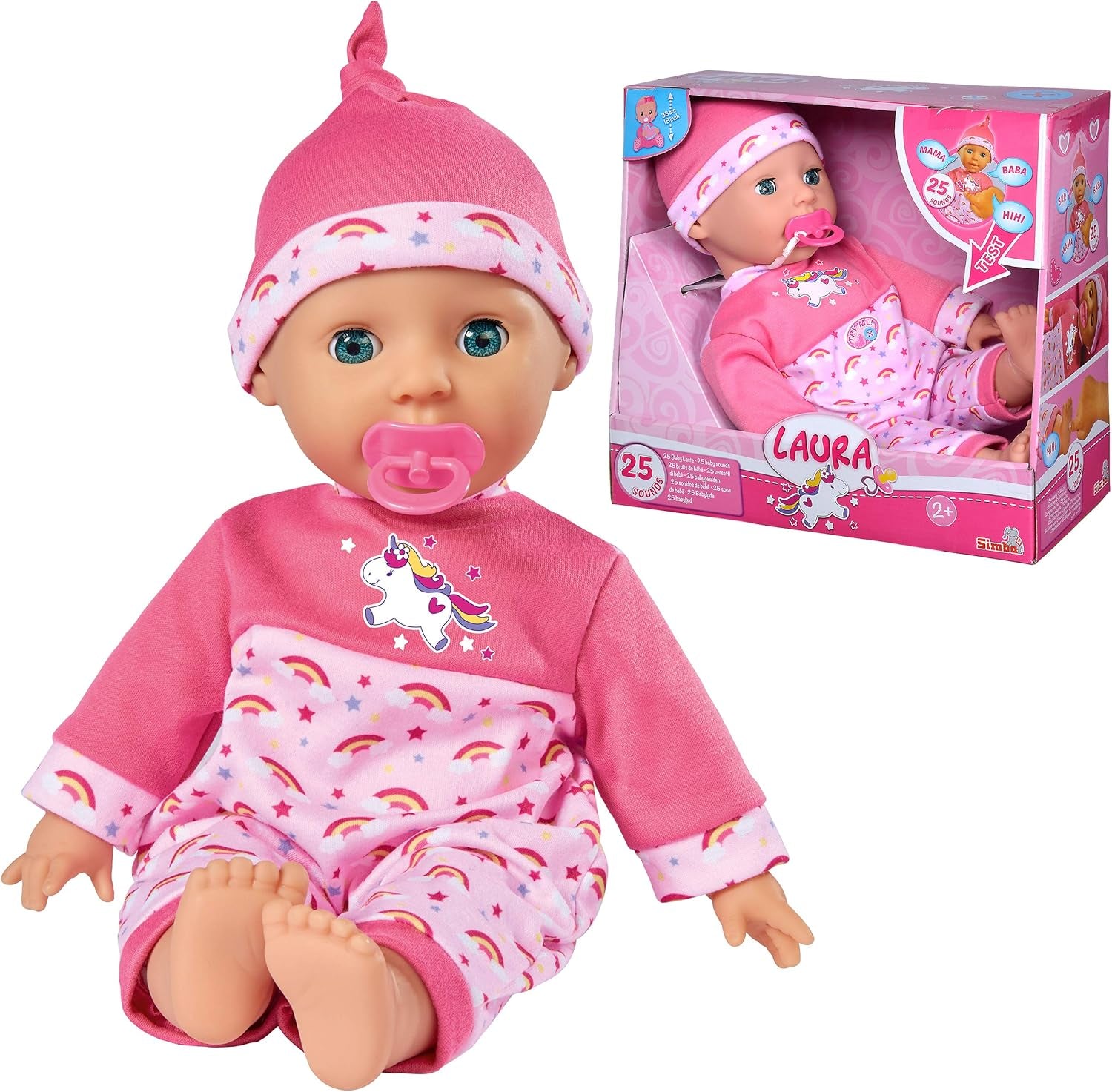 Simba 105140060 - Laura Kitzel Baby, Weichkörperpuppe mit Regenbogenstrampler, macht 25 Babylute, 38cm, Babypuppe ab 2 Jahre