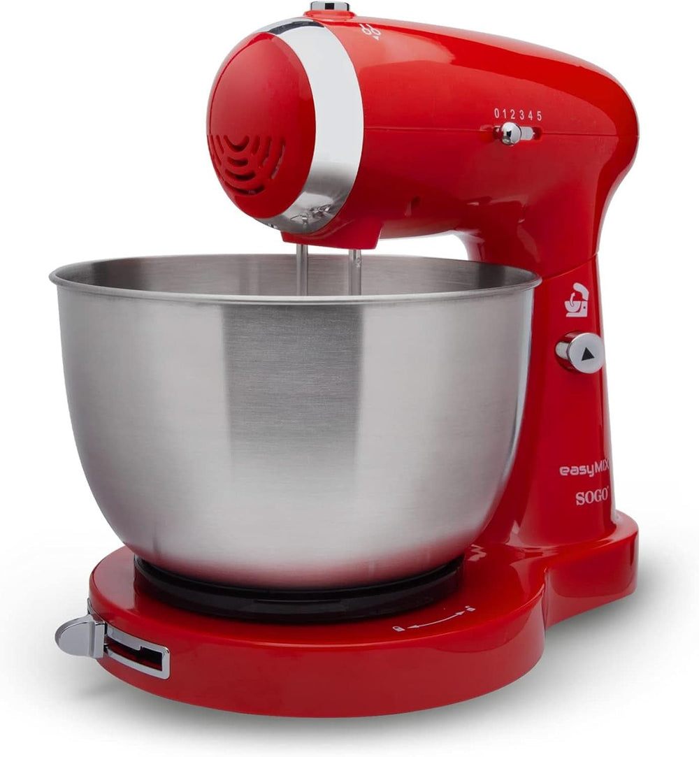 SS-14506 Küchenmaschine, Mixer Und Mixer 3-In-1 Mit Drehschüssel, Stäbchen Und Haken Zum Kneten Aus Edelstahl, 5 Geschwindigkeiten, 3,2 Liter (Rot) Matka i dziecko Naty Shop