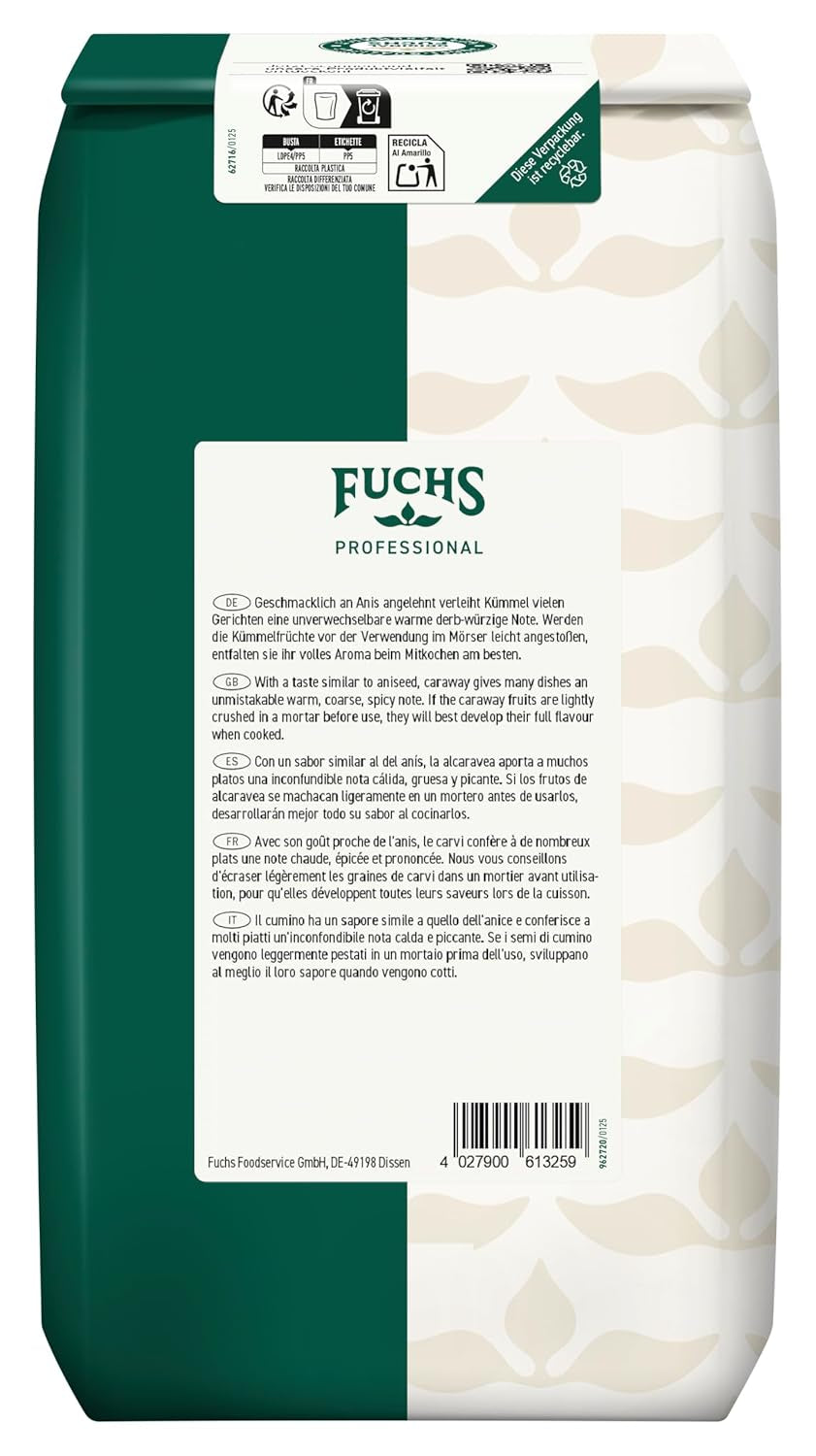 Fuchs Professional - Kümmel ganz | Ungemahlen, zum Würzen von Bratkartoffeln oder Krautgerichten | Profi-Qualität für Großverbraucher und Gastronomie | Worek 1 kg nadający się do recyklingu