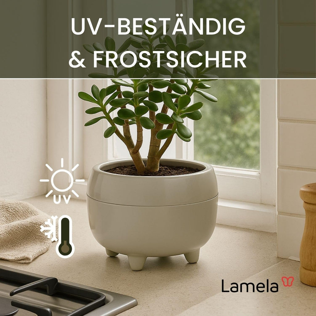 Ghiveci LAMELA cu picioare elegante – Ghiveci bej cu drenaj – Rotund Ø 23 cm, 3L – Ghiveci pentru interior și exterior, bej