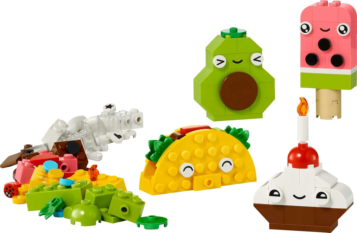 LEGO Classic Creative Snack Bauspaß, Spielzeug mit Essen für fantasievolle Rolenspiele, Bauset für Jungen und Mädchen ab 4 Jahren, Cupcake, Avocado, EIS am Stiel und Taco 11039