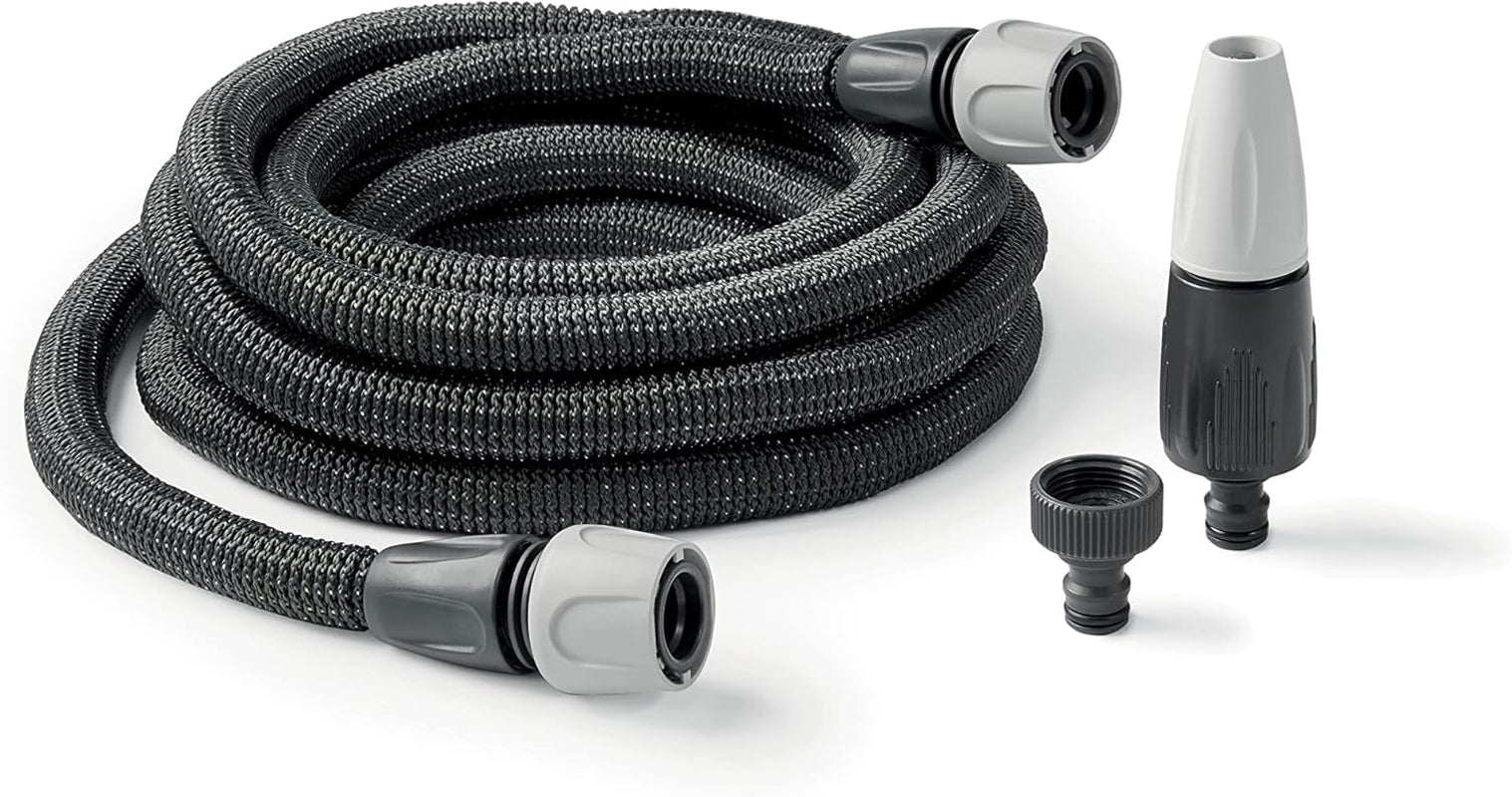 GF SRL, Aquapop Grey Easy 10, furtun împletit autoextensibil de 10 metri, fabricat în Italia, cu mini pulverizator de grădină și conectori pentru irigarea grădinii, gri închis