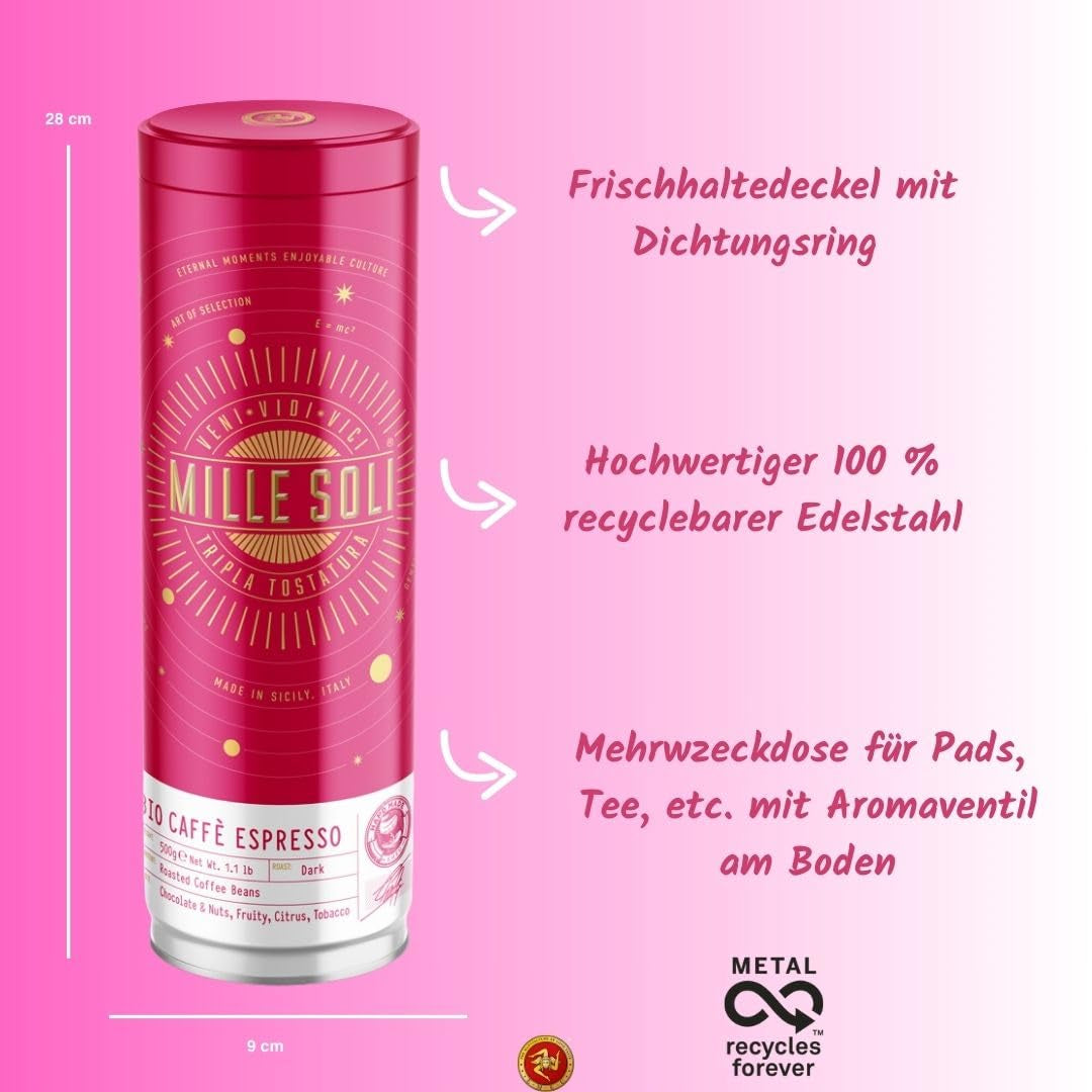 Boabe de espresso organice 500g într-o cutie de cafea etanșă - calitate superioară și reutilizabile - boabe de cafea premium prăjite în Sicilia