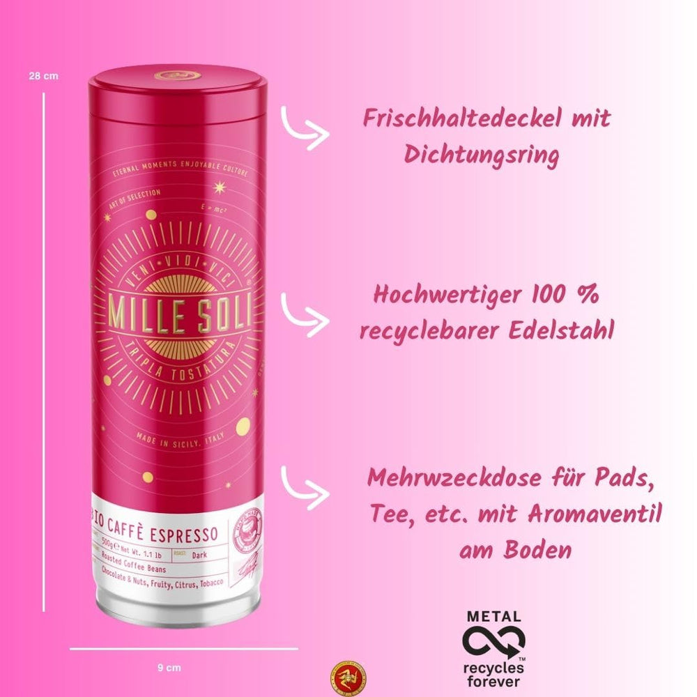 Boabe de espresso organice 500g într-o cutie de cafea etanșă - calitate superioară și reutilizabile - boabe de cafea premium prăjite în Sicilia