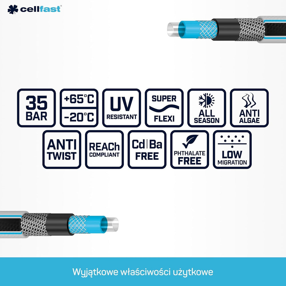 Furtun de grădină Cellfast MULTIFLEX PRO, durabil, cu 6 straturi, împletitură tricotată ATS2, rezistent la UV și alge, fără metale grele, tehnologie de catifea, 35 bar, -20/+65°C, 3/4", 30m