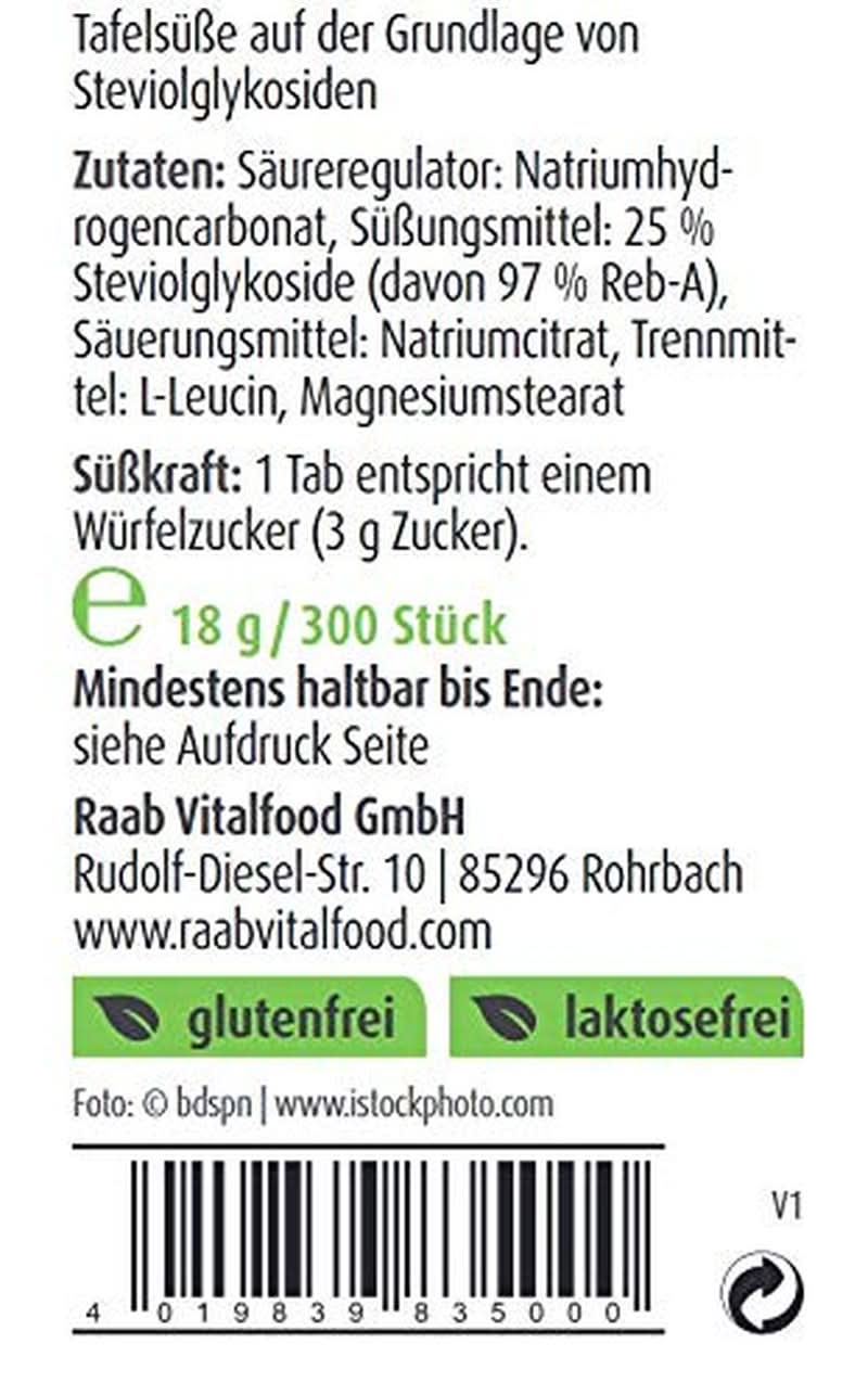 Raab Vitalfood Stevia Tabs, 300 tabletek, 18 gramów Słodziki Naty Shop