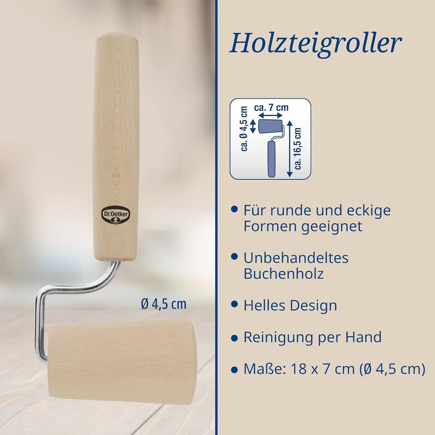 Dr. Oetker Teigroller aus Holz – Teigrolle aus wysokiej jakości Buchenholz – Perfekt für round und eckige Formen – ok. 18 x 7 cm, Rolle Durchmesser ok. 4,5cm
