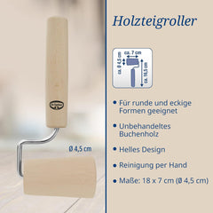 Dr. Oetker Teigroller aus Holz – Teigrolle aus wysokiej jakości Buchenholz – Perfekt für round und eckige Formen – ok. 18 x 7 cm, Rolle Durchmesser ok. 4,5cm