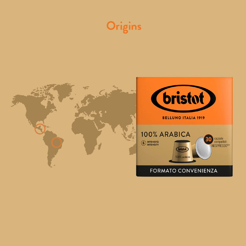 Bristot, 100% Kaffee Arabica – 120 Kapseln kompatibel mit Nespresso – Kaffeemischung aus Mittelamerika und Brasilien, Schokolade und Trockenfrüchtenoten – 4 Packungen pro 30 Kapseln