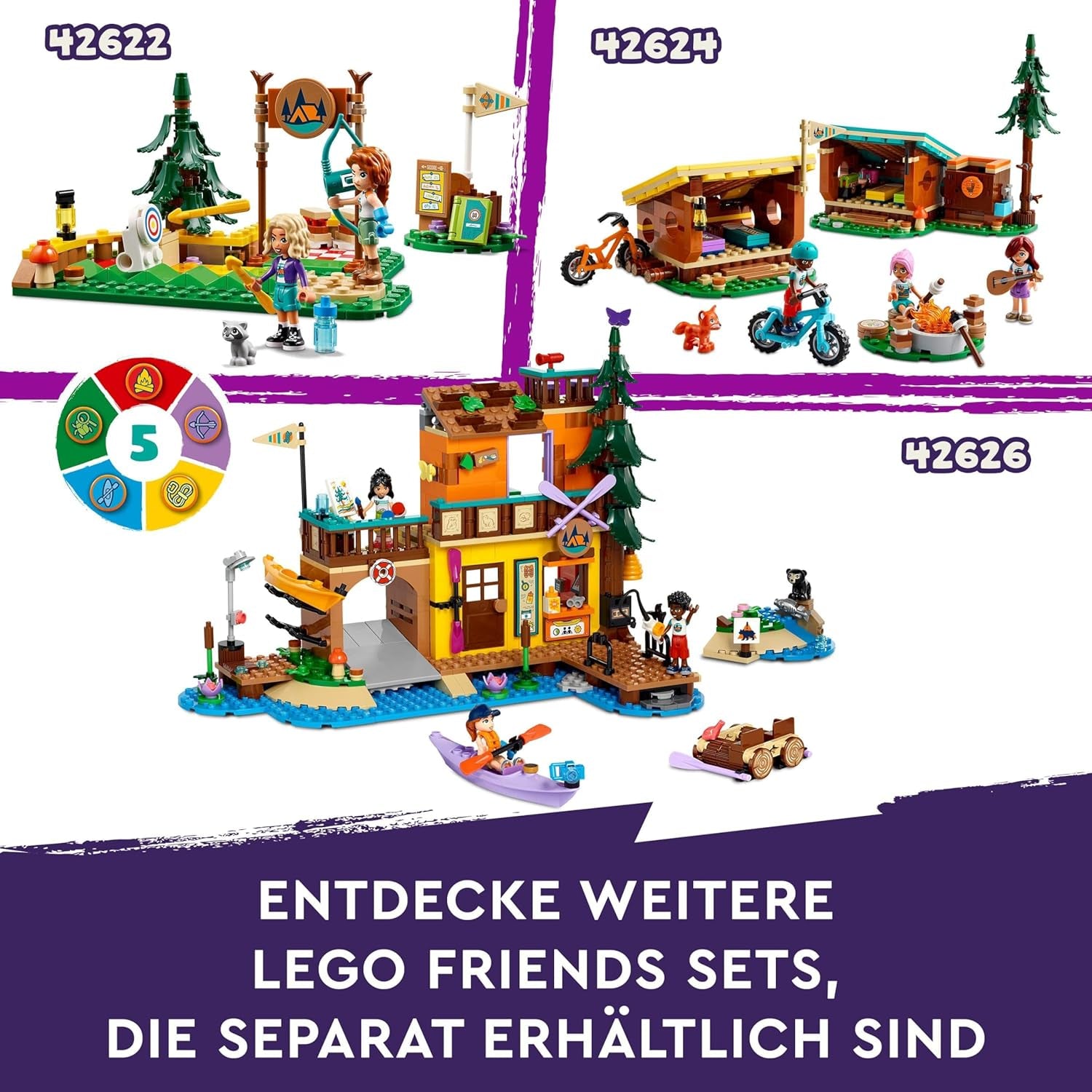 LEGO Friends Przytulne chatki na obozie przygodowym, zestaw do odgrywania ról na świeżym powietrzu, zabawka dla dziewcząt i chłopców od 7 lat z 3 figurkami i lisem, zabawka kempingowa 42624 Zestawy do budowania Besuche den LEGO-Store