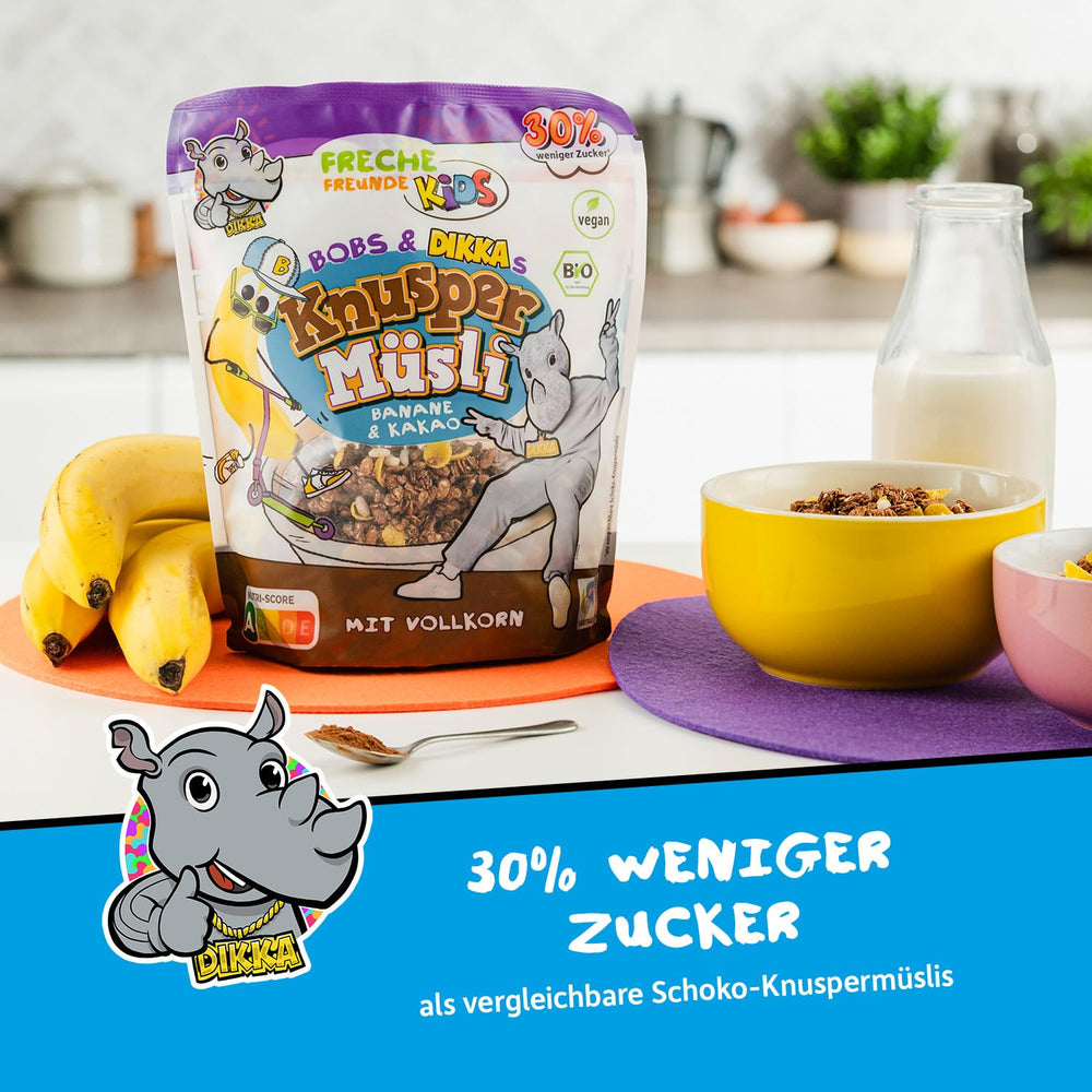 FRECHE FREUNDE KIDS, Bobs & DIKKAs Chrupiące muesli kakaowe z bananami, Muesli z chrupiącą czekoladą dla dzieci, o niskiej zawartości cukru, bez dodatków, 100% wegańskie, 6 sztuk (6 x 280g)
