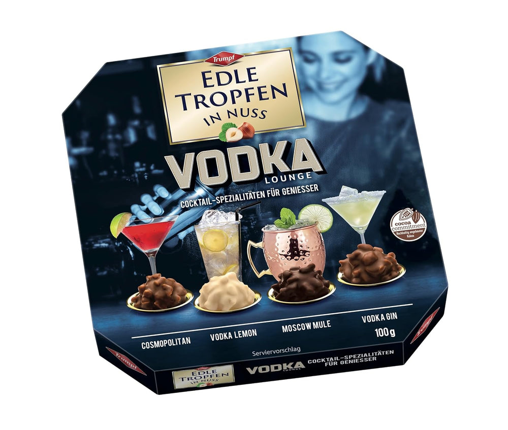 Edle Tropfen w Nuss Vodka Lounge 100g, pralinki czekoladowe nadziewane płynem z polewą z mlecznej czekolady i chrupiącymi kawałkami orzechów laskowych