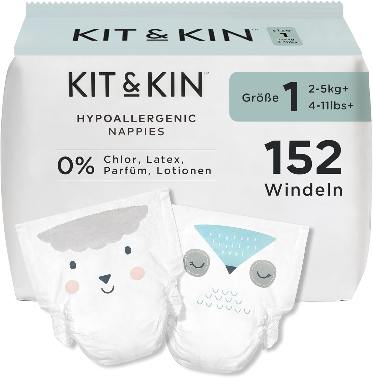 Pieluchy Kit & Kin Premium, rozmiar 4 (9-14 kg), 128 sztuk, na bazie roślin i hipoalergiczne, niezawodna ochrona przed wyciekami, wegańskie i wolne od okrucieństwa
