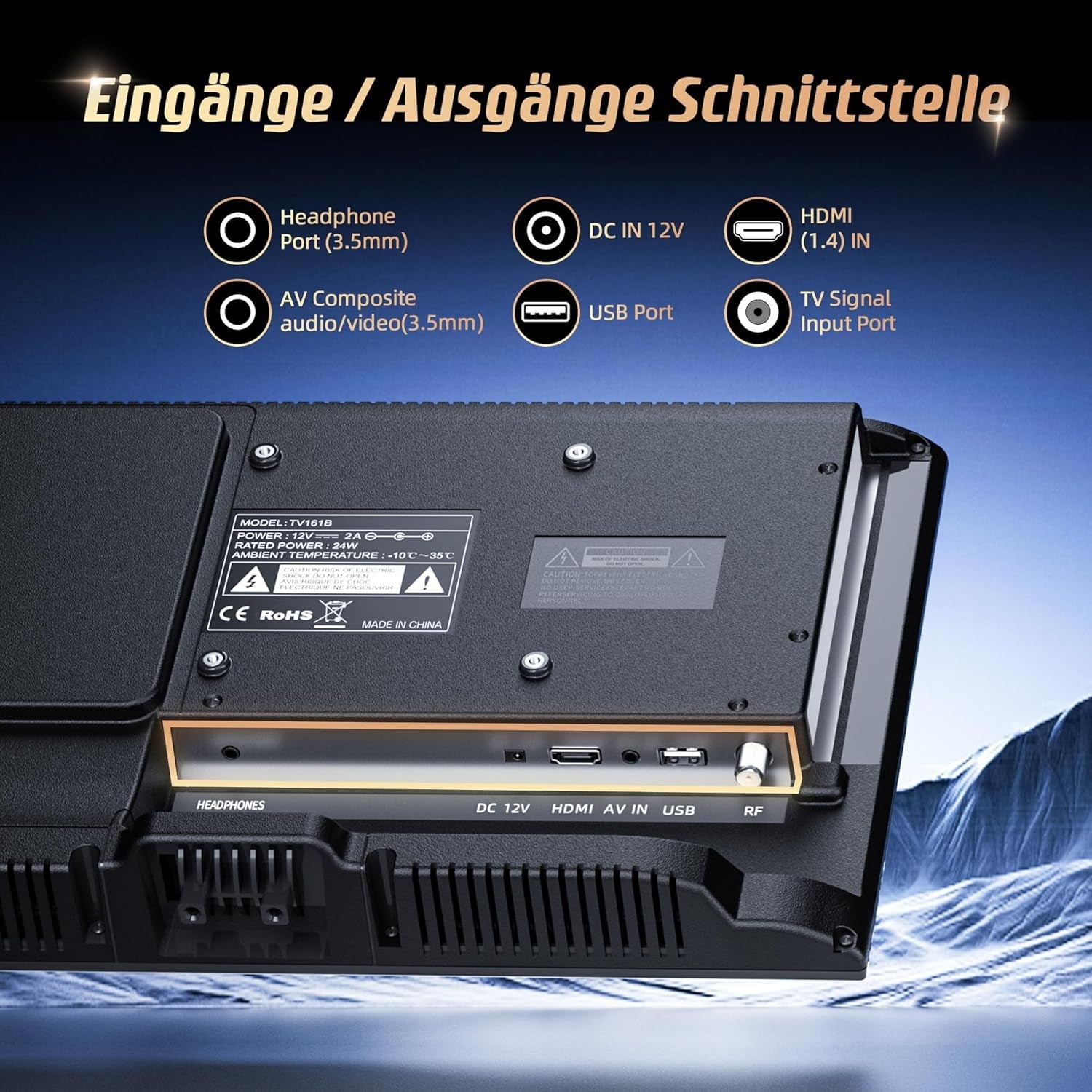 Mini televizor DESOBRY de 16 inci cu DVD player integrat, suport pentru mini televizor 1080p, antenă, HDMI, AV, intrare USB, televizor de 12V pentru camping/autorulote/caravane/autorulote