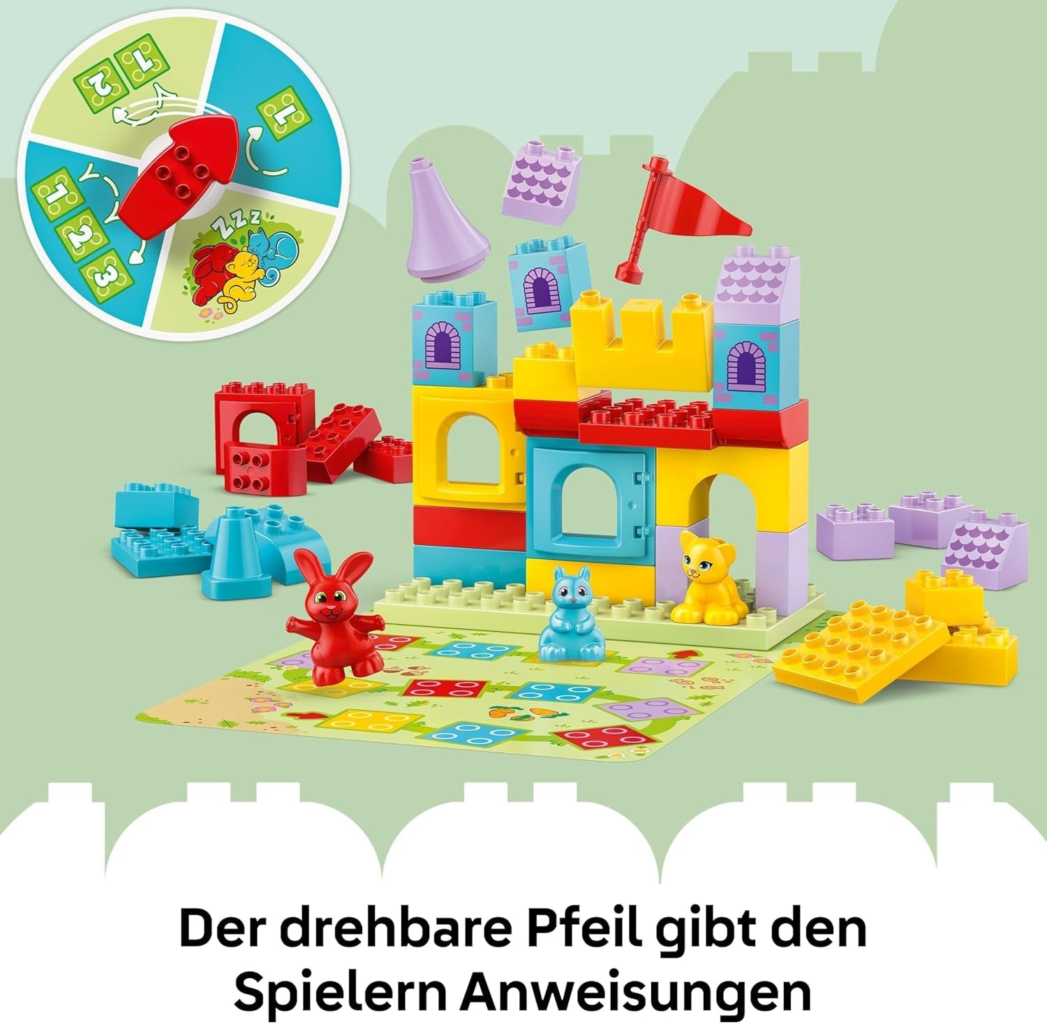 LEGO DUPLO Hopsys Burgspiel - Lernspielzeug zur Förderung der Motorik für Kleinkinder - 3 Tierfiguren, Spielzeugschloss & Brettspiel mit Drehscheibe - Geschenk für Mädchen & Jungen ab 3 Jahren - 10450