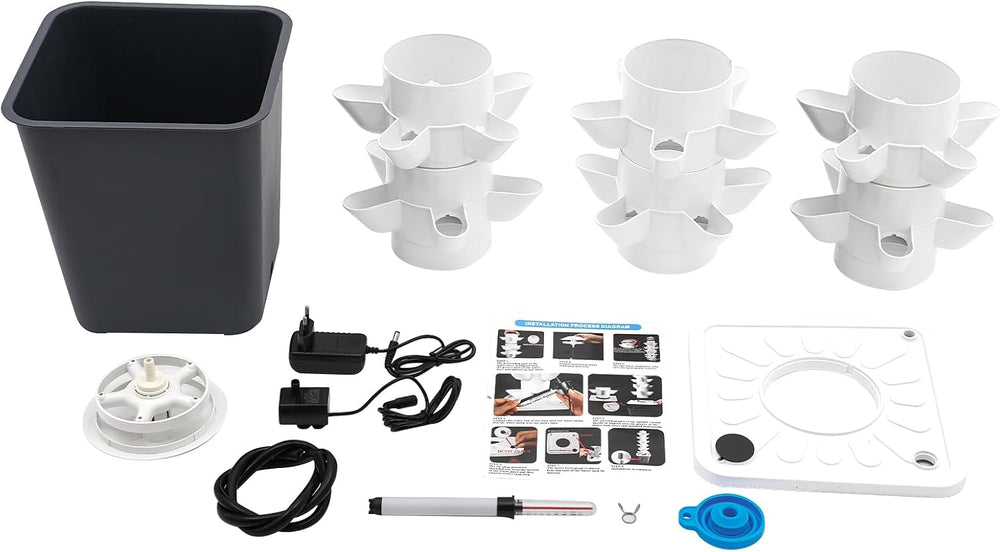 Wieża hydroponiczna z 30 kapsułkami, ogrodowy system uprawy hydroponicznej, 6-poziomowy zestaw do pionowej uprawy hydroponicznej, wieża aeroponiczna z pompą nawadniającą, adapterem i rozsadnikiem (szary)