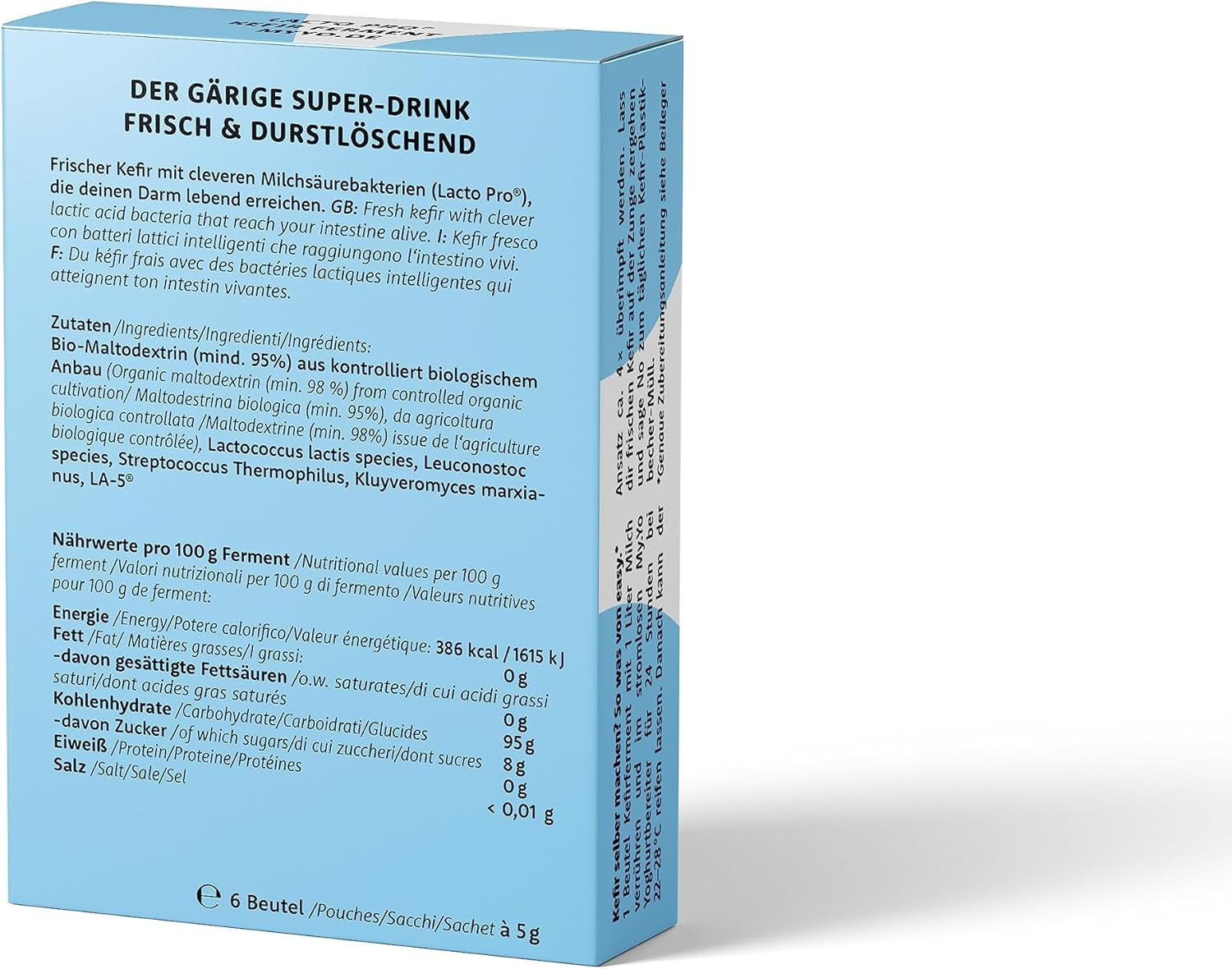 Bio Kefirferment Lacto Pro – 6x5 g – Starterkulturen für 30 L selbstgemachten Kefir – ohne Pilz – DE-ÖKO-013 zertifiziert
