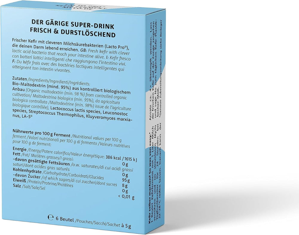Bio Kefirferment Lacto Pro – 6x5 g – Starterkulturen für 30 L selbstgemachten Kefir – ohne Pilz – DE-ÖKO-013 zertifiziert
