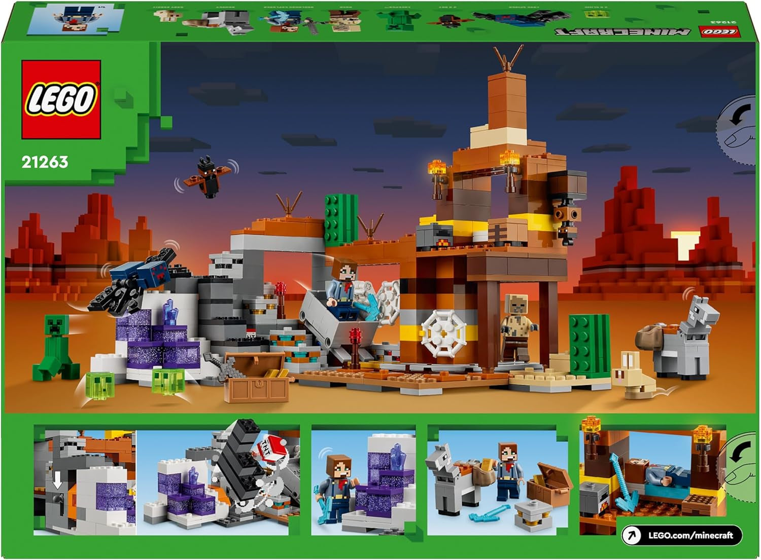 LEGO Minecraft Kopalnia Badlands Gra wideo Zestaw zabawek górniczych dla chłopców i dziewcząt w wieku od 8 lat Zabawne klocki budowlane Zestaw przygodowy Prezent urodzinowy 21263 Zestawy do budowania Besuche den LEGO-Store