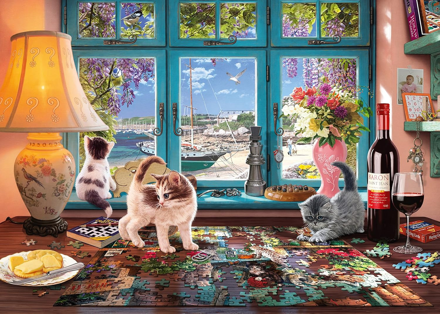 Schmidt Spiele 58344 Przy stole z puzzlami, puzzle 1000 elementów Puzzle Naty Shop