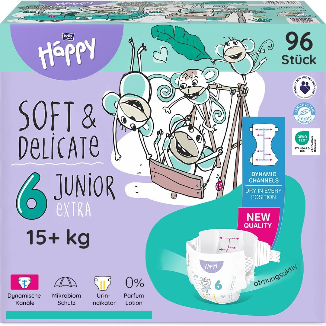 Pieluchy Bella Baby Happy Premium, rozmiar 6, Junior Extra, 15+ kg, 96 sztuk, pieczęć DERMATEST i OEKO-TEX, pieluchy jednorazowe