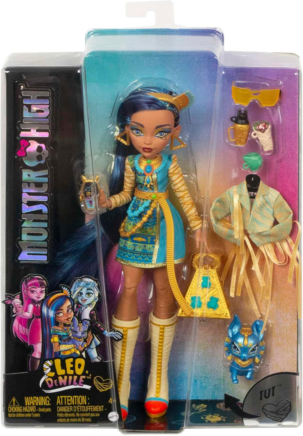 Monster High Cleo de Nile Puppe, Mummie Modepuppe, Königliches Outfit, Killerstiefel, Pyramidenrucksack, Zubehör, für Kinder ab 4 Jahren, HHK54