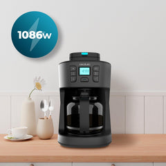 Cafetieră cu picurare Cecotec Coffee 66 Grind & Drop Essential. 1086 W, râșniță cu lame, până la 12 cești, tehnologie Extreme Aroma, digitală, oțel inoxidabil, cu oprire automată.