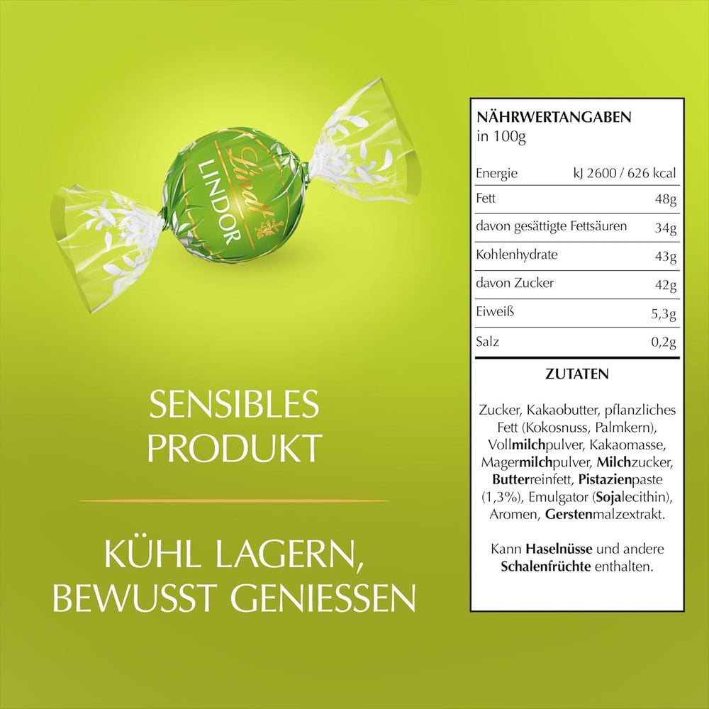 Lindt LINDOR Czekolada z pistacjami | 1 kg zamykana torebka | ok. 80 kulek z mlecznej czekolady z rozpływającym się w ustach kremem pistacjowym | Opakowanie zbiorcze, prezent pralinowy