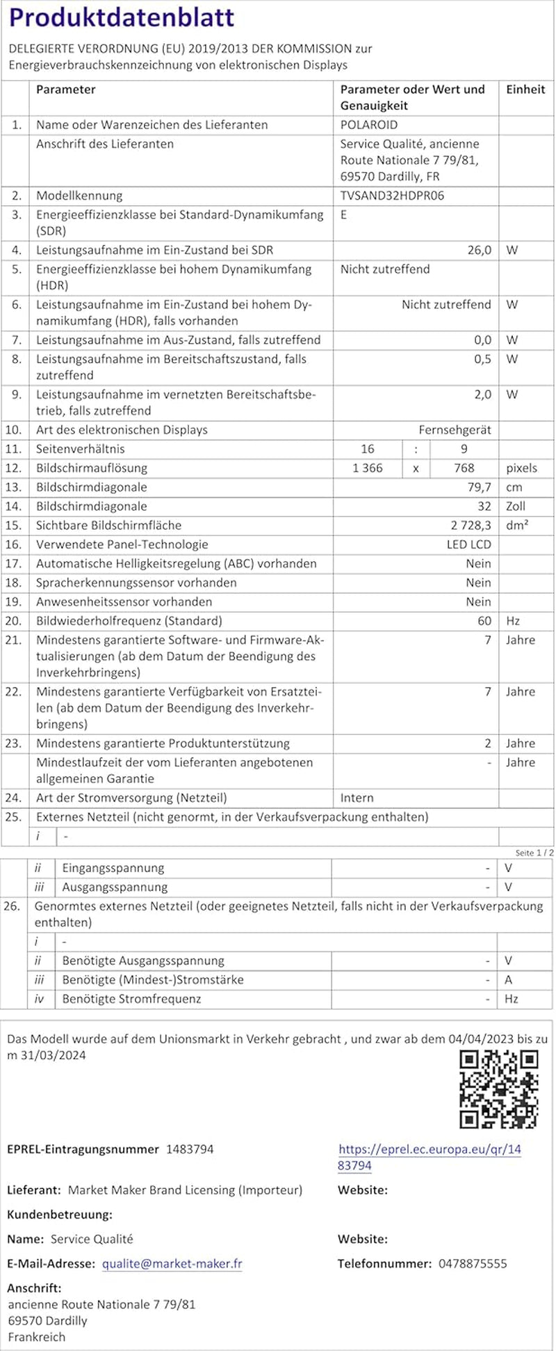 Televizor inteligent Polaroid, Android, 80 cm (32 inch), HD 1366x768, LED, WLAN, Bluetooth, 3 HDMI, 2 USB, Negru