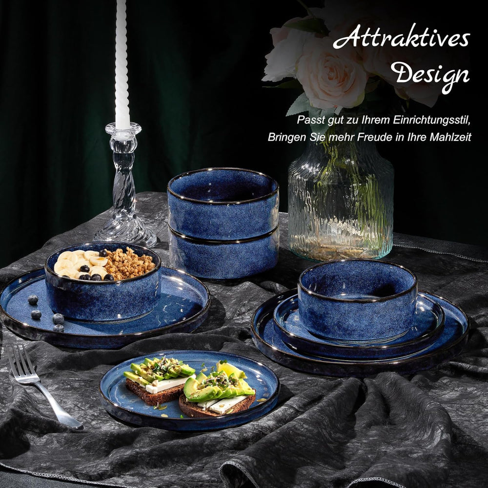Set de veselă Homikit, set de veselă cu 12 piese pentru 4 persoane, serviciu de cină combinat cu farfurii, farfurii de desert și boluri pentru cereale, potrivit pentru cuptorul cu microunde și mașina de spălat vase, albastru elegant