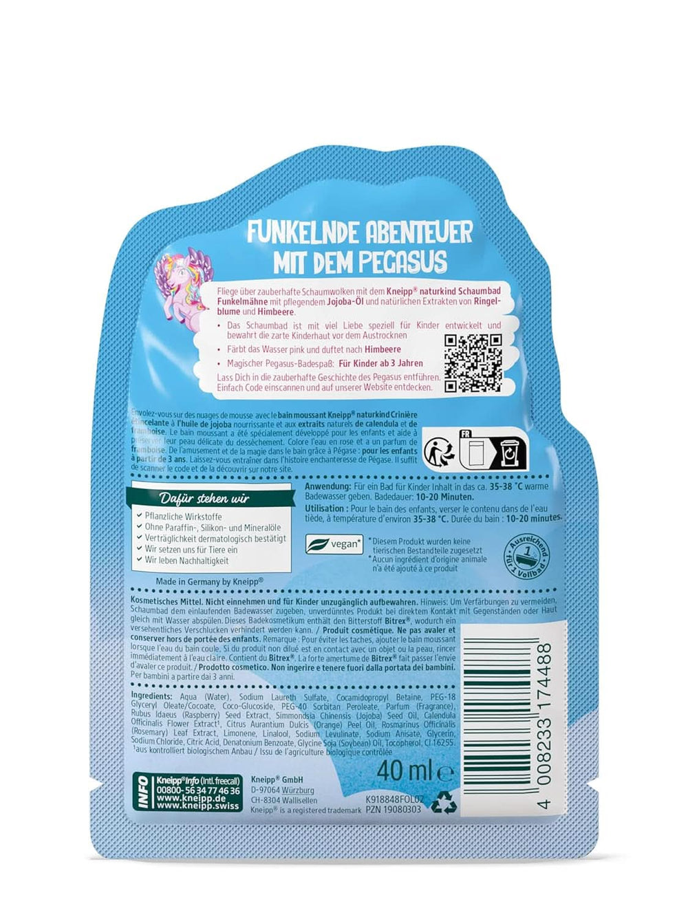 Kneipp Naturkind, aditiv de baie unicorn pentru copii cu aromă de zmeură și ulei de jojoba hrănitor, 40 ml Duș și baie Naty Shop