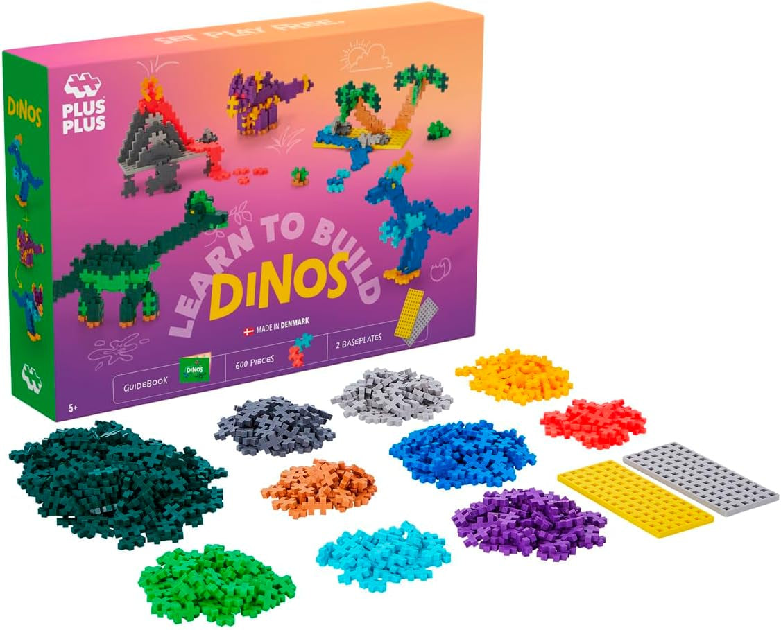 Plus-Plus 9603918 Geniales Konstruktionsspielzeug, Learn to Build, Dinosaurier, Kreativ-Bausteine, 600 Teile, Mehrfarbig